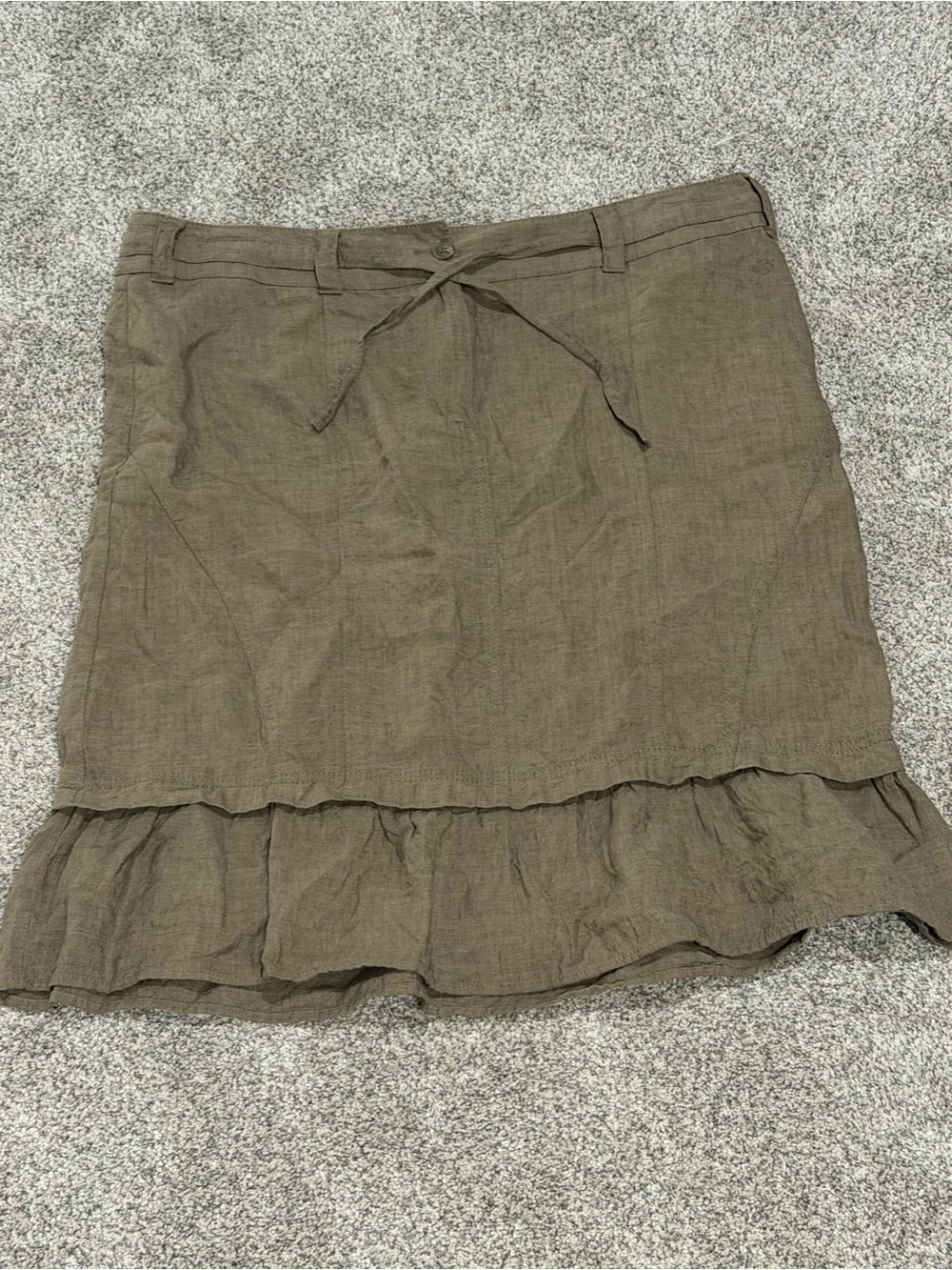 Ruffle-Hem Midi Olive Brown 100% Linen & Cotton Skirt